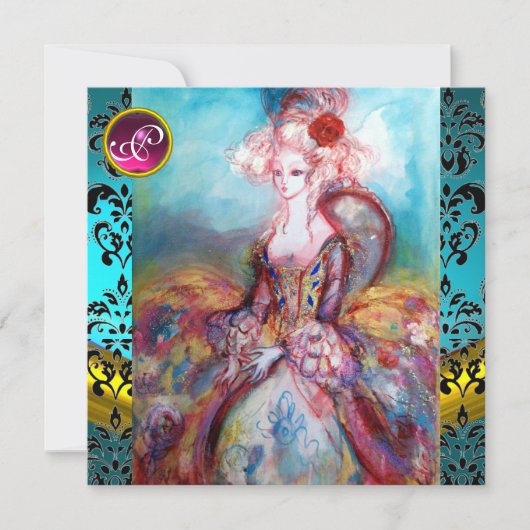 MADAME POMPADOUR, BLUE BLACK DAMASK BLUME MONOGRAM EINLADUNG (Vorderseite)