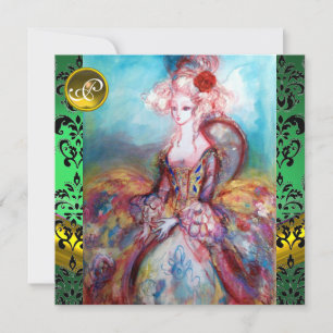 MADAME POMPADOUR ,GRÜNER SCHWARZER DAMAST MIT MONO EINLADUNG