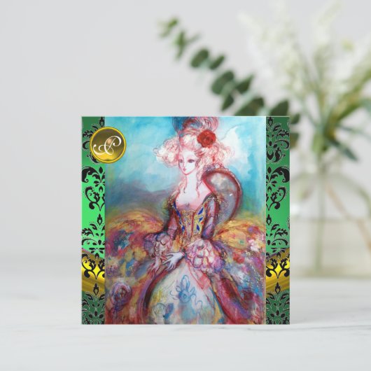 MADAME POMPADOUR,GRÜNES SCHWARZES DAMASK-MONOGRAMM EINLADUNG (Stehend Vorderseite)