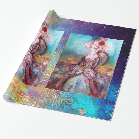 MADAME POMPADOUR / Hellgoldblaue Glitzern Geschenkpapier (Ungerollt)