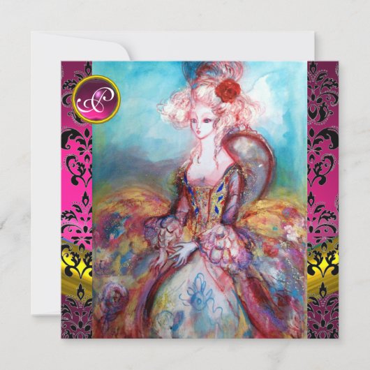 MADAME POMPADOUR, PINK BLACK DAMASK BLUME MONOGRAM EINLADUNG (Vorderseite)