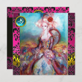 MADAME POMPADOUR, PINK BLACK DAMASK BLUME MONOGRAM EINLADUNG (Vorne/Hinten)