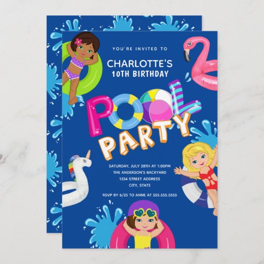 Mädchen 10. Geburtstag Pool Party Einladung (Vorne/Hinten)