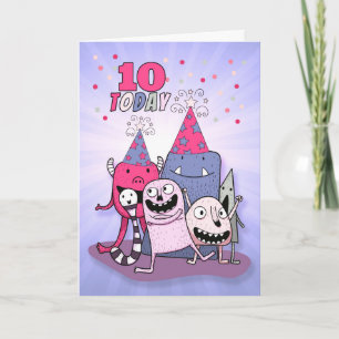 Mädchen 10. Geburtstag Rosa im Lila Cartoon Monste Karte