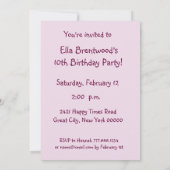 Mädchen-10. Geburtstags-Party ROSA Einladung (Rückseite)