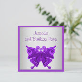 Mädchen 13. Geburtstag Lila Schmetterling Silver Einladung (Stehend Vorderseite)