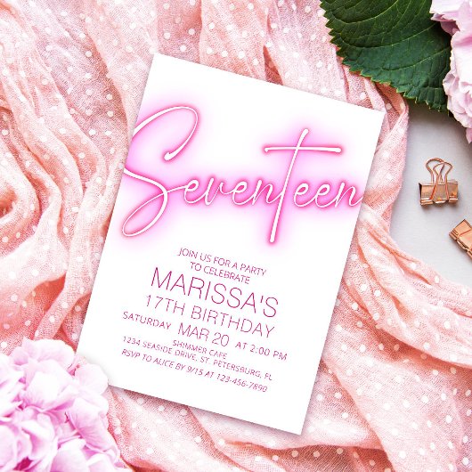 Mädchen 17. Neon Teen Geburtstag Einladung