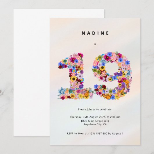 Mädchen 19. Geburtstag Einladung 19. Party (Vorne/Hinten)