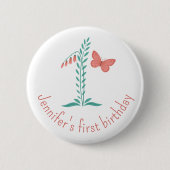 Mädchen 1. Geburtstag Baby Schmetterling Floral Button (Vorderseite)