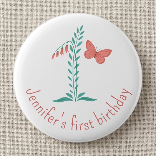 Mädchen 1. Geburtstag Baby Schmetterling Floral Button
