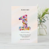 Mädchen 1. Geburtstag Erster Geburtstag Blumengebä Einladung (Stehend Vorderseite)