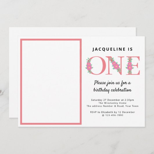 Mädchen 1. Geburtstag Foto Einladung (Vorne/Hinten)