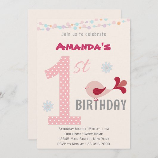 Mädchen 1. Geburtstag Party Einladung Vogelrosa (Vorne/Hinten)