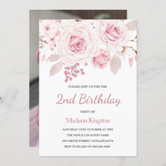 Mädchen 1. Geburtstag Party mit Foto Rosa Blume I Einladung