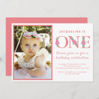 Mädchen 1. Geburtstag Party Rosa Foto Einladung