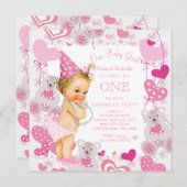 Mädchen 1. Geburtstag Party Teddy Bärenherzen Einladung (Vorne/Hinten)