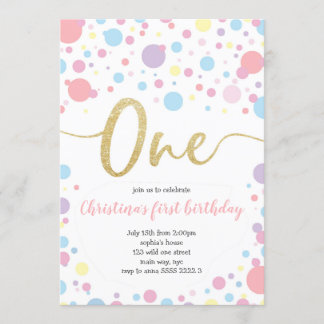 Mädchen 1. Geburtstag Pastel Rainbow Dots Confetti Einladung