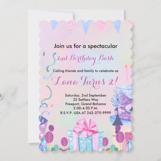 Mädchen 2. Geburtstag Party Einladung (Vorderseite)