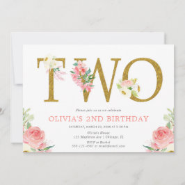 Mädchen 2. Geburtstag Rosa und goldene Blüte Einladung