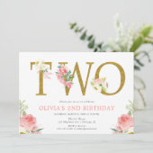 Mädchen 2. Geburtstag Rosa und goldene Blüte Einladung (Stehend Vorderseite)