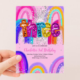 Mädchen 3. Geburtstag Pailletten Regenbogen Party Einladung