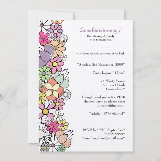 Mädchen 3. Geburtstag Party Custom Einladung (Rückseite)