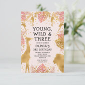 Mädchen 3. Geburtstag Pastel Pink Gold Safari Einladung (Stehend Vorderseite)