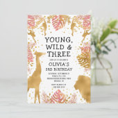 Mädchen 3. Geburtstag Pink Gold Safari Einladung (Stehend Vorderseite)