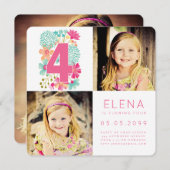 Mädchen 4. Geburtstag 4 Einladung (Vorne/Hinten)