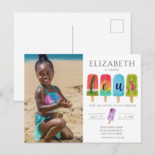 Mädchen 4. Geburtstag Eis Sommerparty Postkarte (Vorne/Hinten)