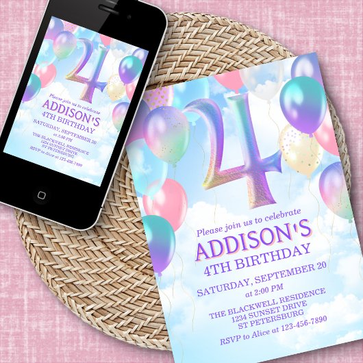 Mädchen 4. Geburtstag Rainbow Balloons Einladung