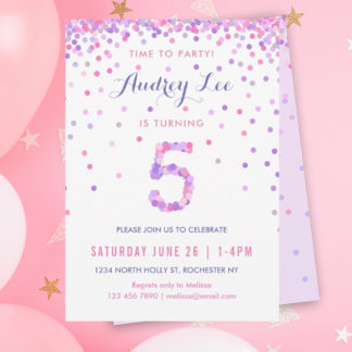 Mädchen 5. Geburtstag 5. Geburtstag Konfetti Party Einladung