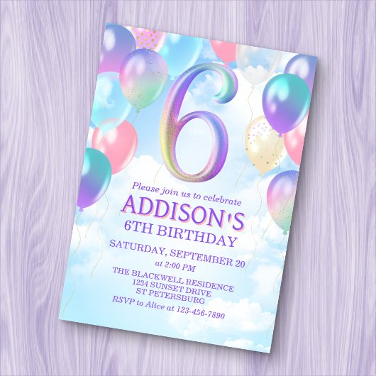 Mädchen 6. Geburtstag Rainbow Balloons Einladung
