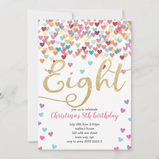 Mädchen 8. Geburtstag Herzstück Confetti Regenboge Einladung (Vorderseite)