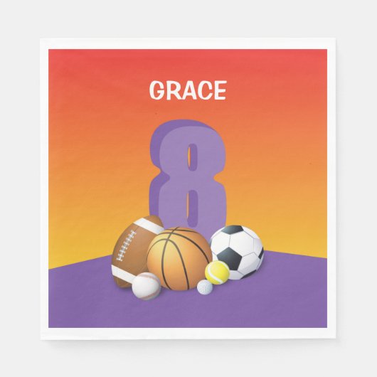 Mädchen 8. Geburtstag Sportbälle Serviette (Vorderseite)