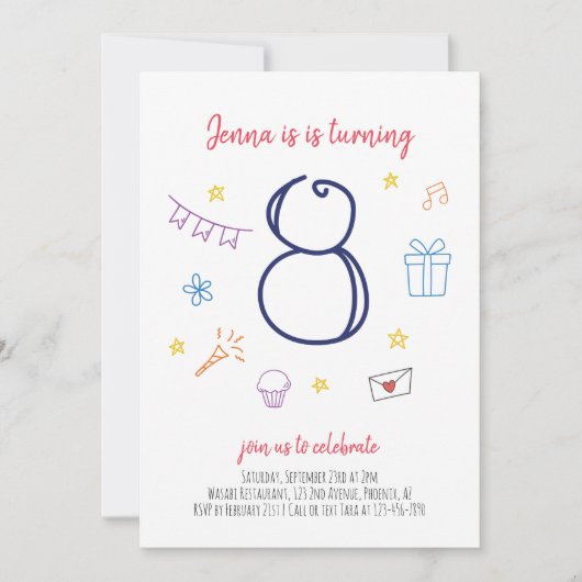 Mädchen 8. Geburtstagsparty Einladung (Vorderseite)