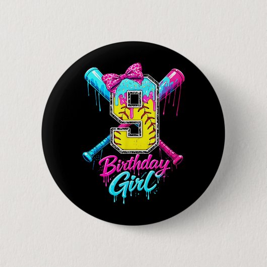 Mädchen 9. Geburtstag Softball Eis Drip Button (Vorderseite)