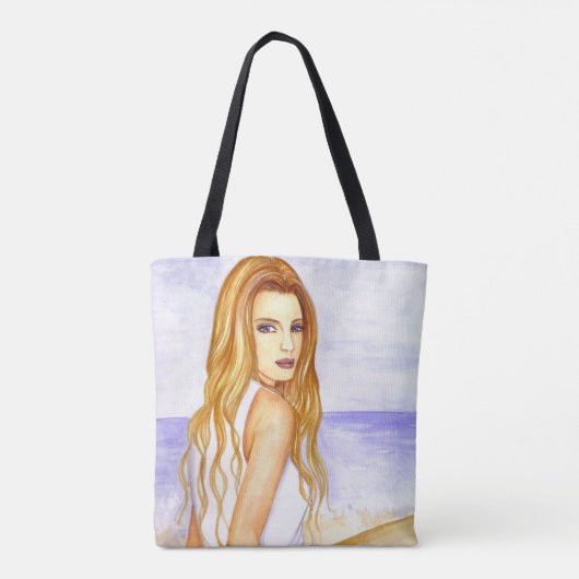 Mädchen am Strand Aquarell Tasche (Rückseite)