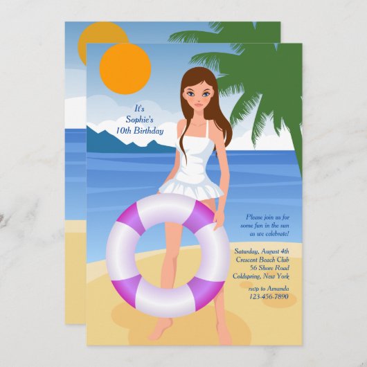 Mädchen am Strand Einladung (Vorne/Hinten)