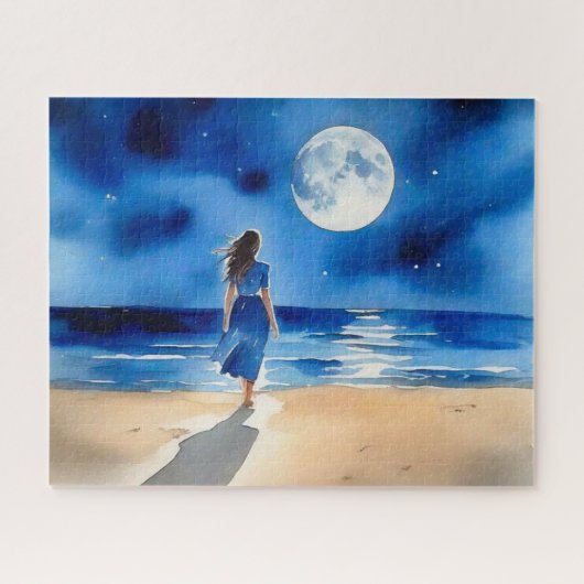 Mädchen am Strand unter einem Vollmond Puzzle (Horizontal)