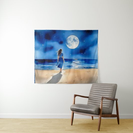 Mädchen am Strand unter einem Vollmond Wandteppich (Beispiel (Horizontal))