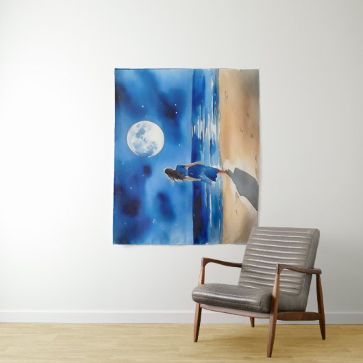 Mädchen am Strand unter einem Vollmond Wandteppich (Beispiel)