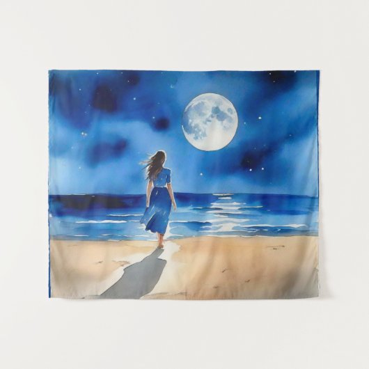 Mädchen am Strand unter einem Vollmond Wandteppich (Vorderseite (Horizontal))