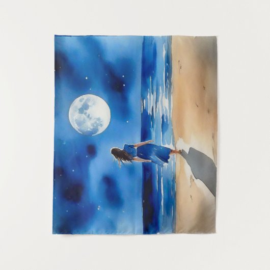 Mädchen am Strand unter einem Vollmond Wandteppich (Vorderseite)