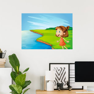 Mädchen an der Naturlandschaft am Flussufer Poster
