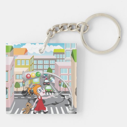 Mädchen an einer Fußgängerüberquerung Schlüsselanhänger (Rückseite)