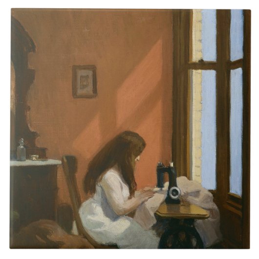 Mädchen an einer Nähmaschine (von Edward Hopper) Fliese (Vorderseite)
