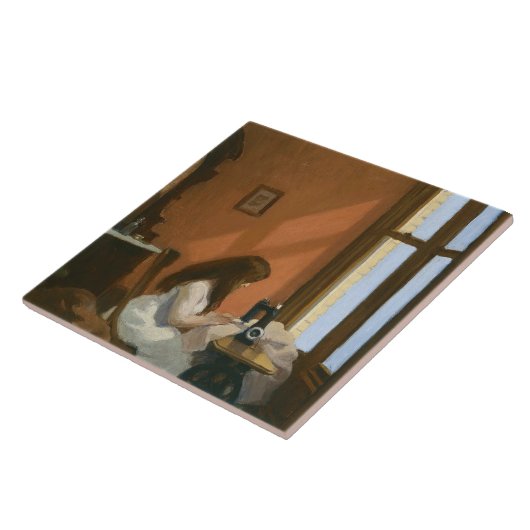 Mädchen an einer Nähmaschine (von Edward Hopper) Fliese (Seite)