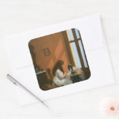Mädchen an einer Nähmaschine (von Edward Hopper) Quadratischer Aufkleber (Umschlag)