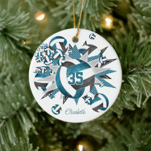 Mädchen aquamarine schwarze Volleyball-Stars halte Keramik Ornament